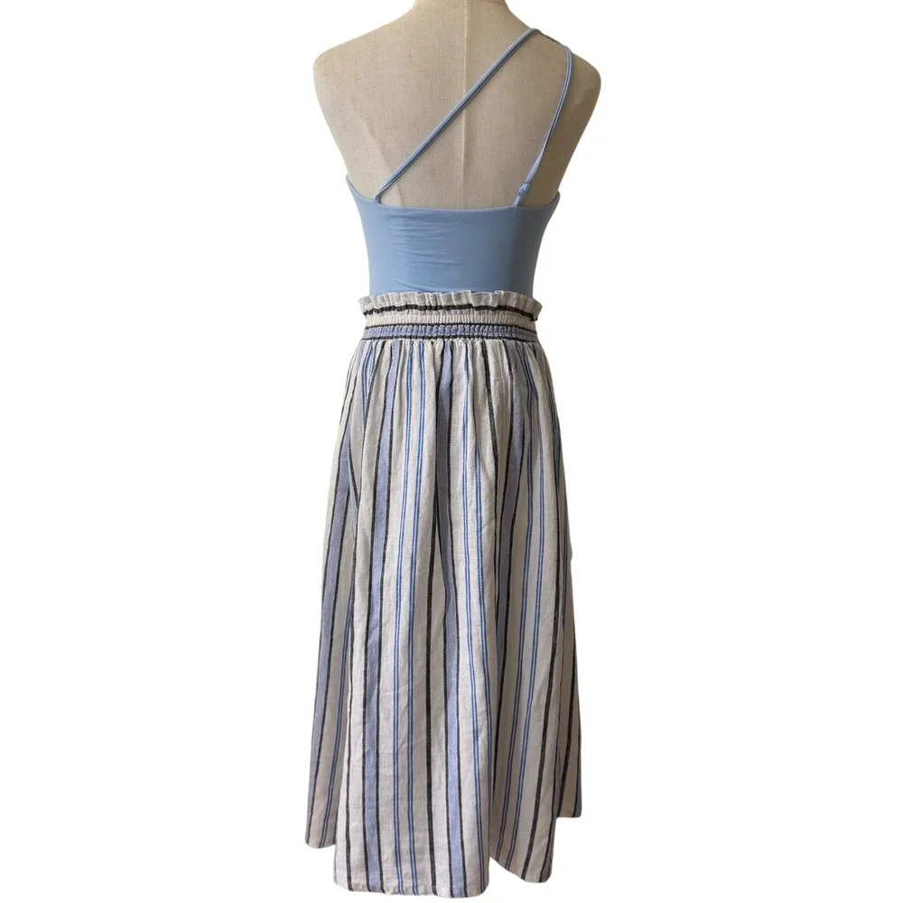 A New Day Striped Paperbag Waist Midi Skirt Blue White‎ Linen Blend XS